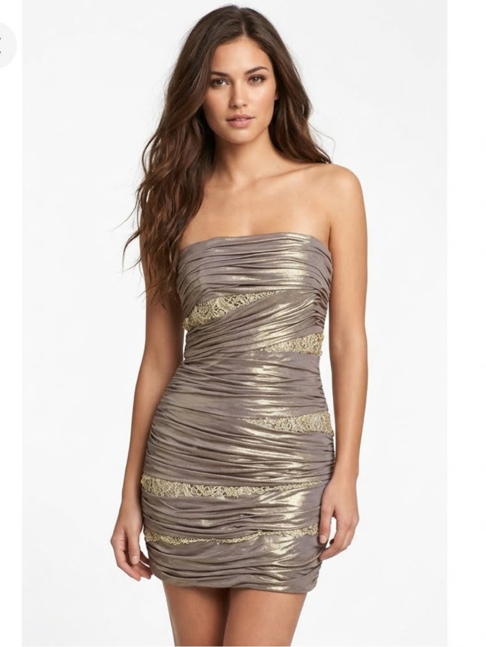 Mandalay ruched metallic  Gold Ruched Mini Dress NWOT